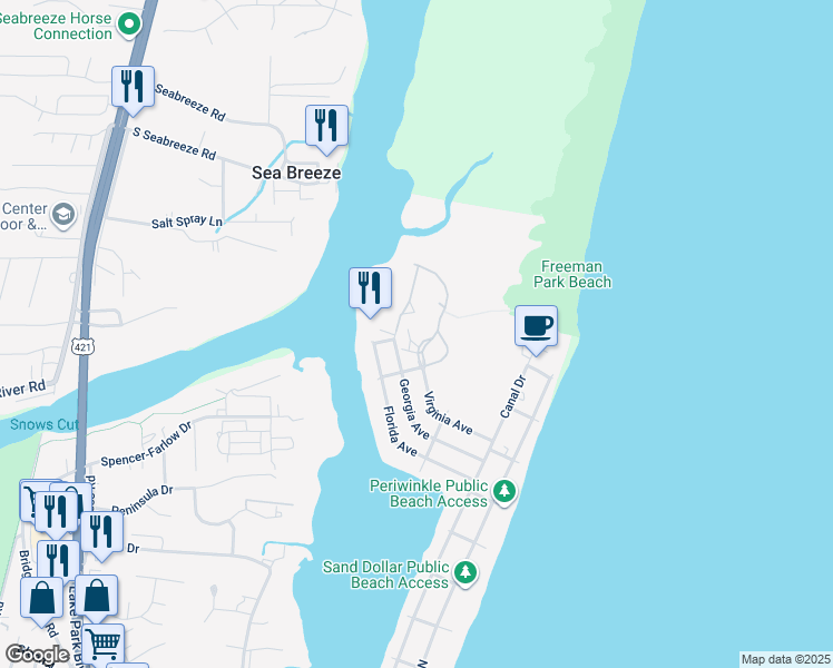 map of restaurants, bars, coffee shops, grocery stores, and more near 400 Virginia Avenue in Carolina Beach