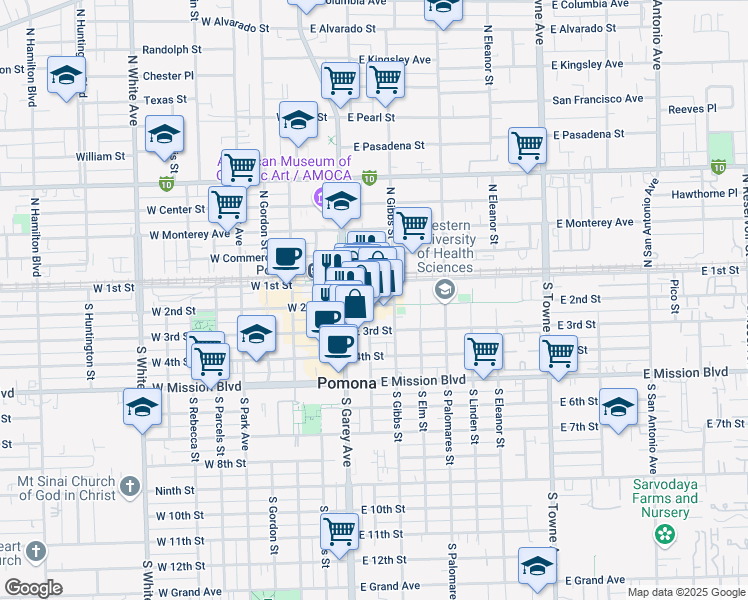 map of restaurants, bars, coffee shops, grocery stores, and more near 224 East 2nd Street in Pomona