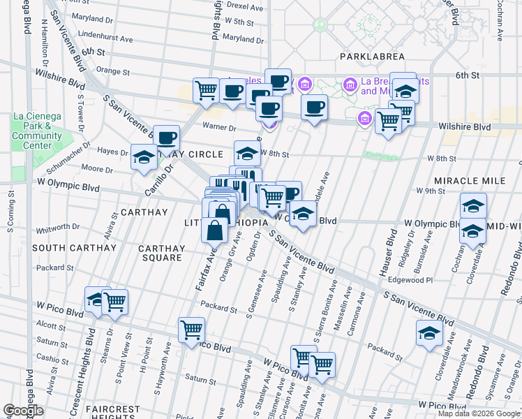 map of restaurants, bars, coffee shops, grocery stores, and more near 7964 Melrose Avenue in Los Angeles