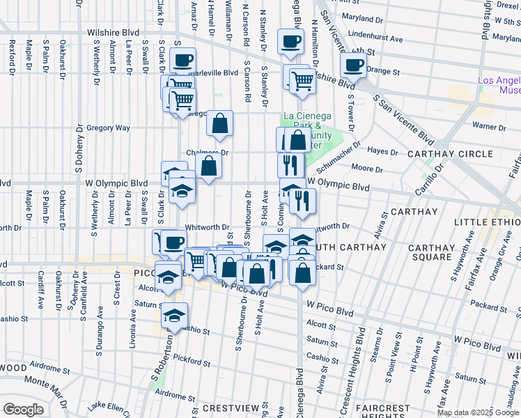 map of restaurants, bars, coffee shops, grocery stores, and more near 1059 South Holt Avenue in Los Angeles