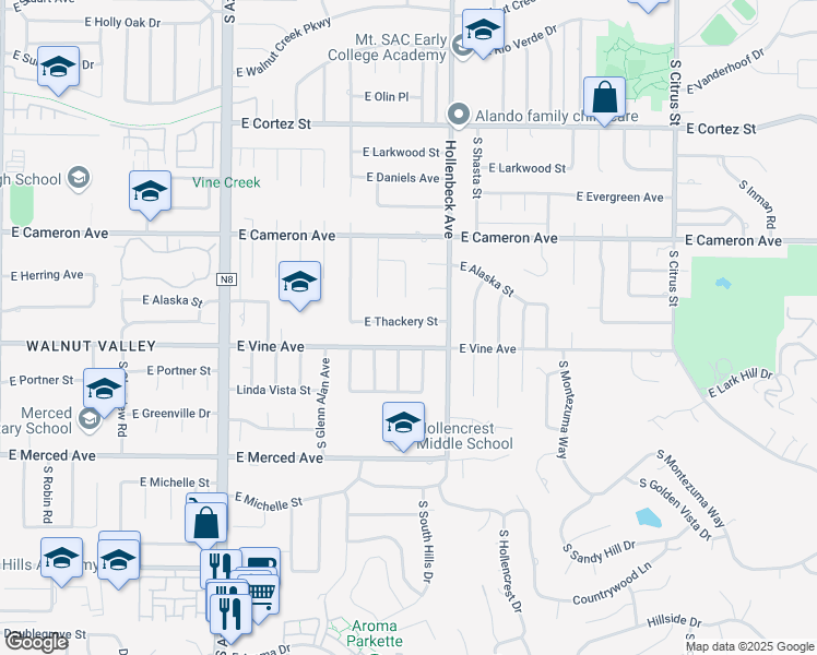 map of restaurants, bars, coffee shops, grocery stores, and more near 2116 East Thackery Street in West Covina