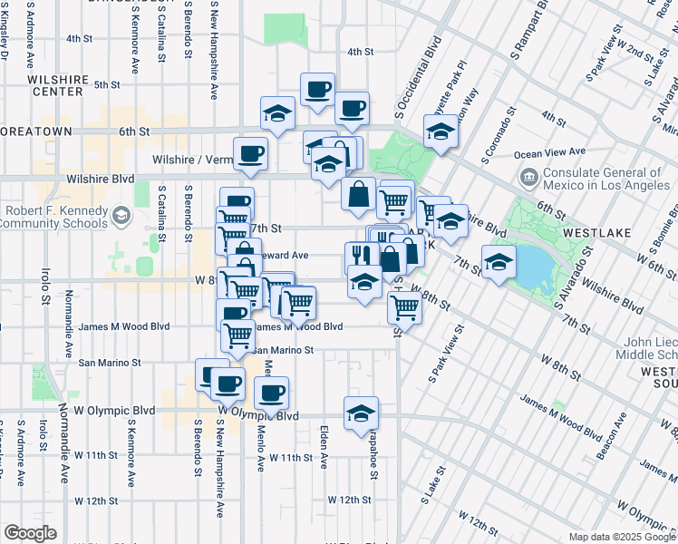map of restaurants, bars, coffee shops, grocery stores, and more near 2809 West 8th Street in Los Angeles