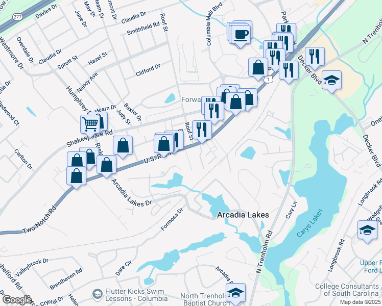 map of restaurants, bars, coffee shops, grocery stores, and more near 1530 Leaside Drive in Columbia