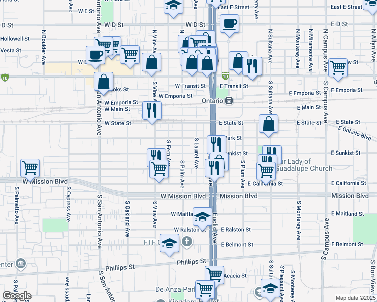 map of restaurants, bars, coffee shops, grocery stores, and more near 214 West Sunkist Street in Ontario