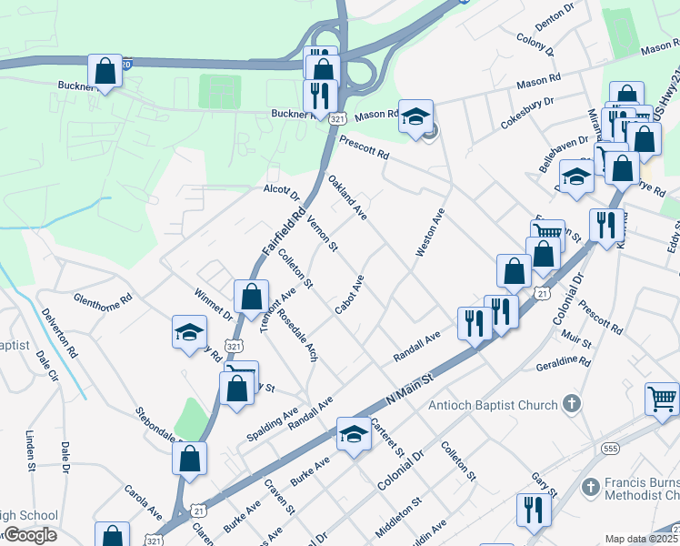 map of restaurants, bars, coffee shops, grocery stores, and more near 5501 Cabot Avenue in Columbia