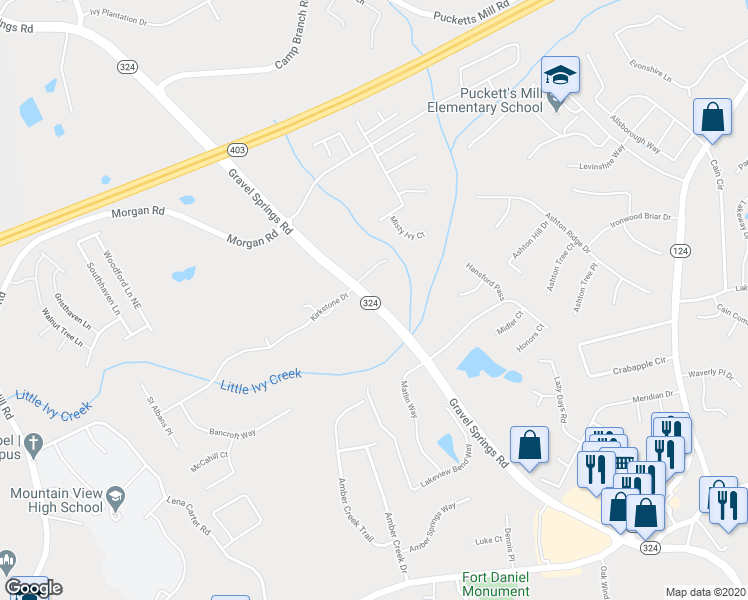 map of restaurants, bars, coffee shops, grocery stores, and more near 2425 Gravel Springs Road in Buford
