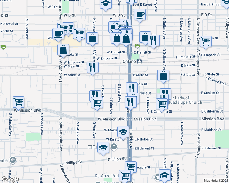 map of restaurants, bars, coffee shops, grocery stores, and more near 612 South Laurel Avenue in Ontario