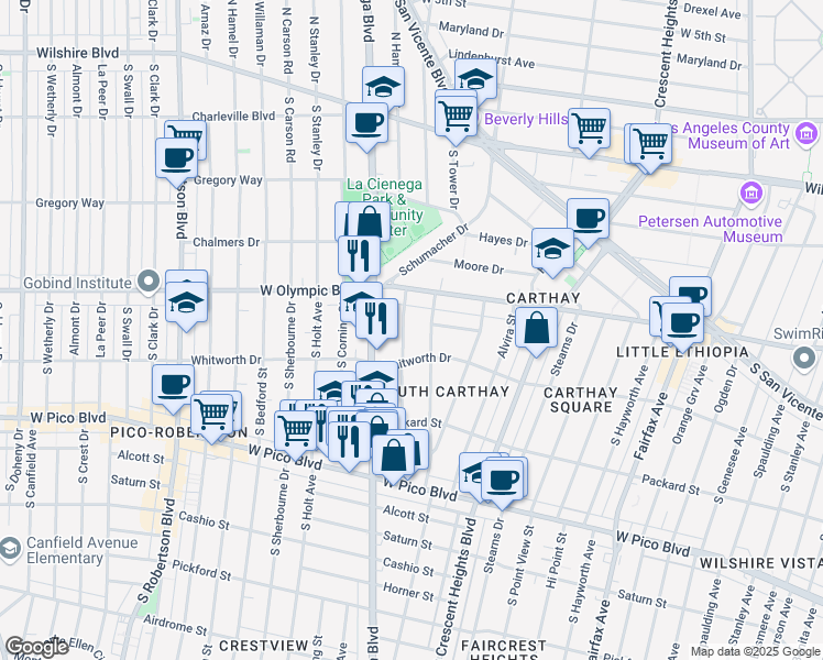 map of restaurants, bars, coffee shops, grocery stores, and more near 1059 South Orlando Avenue in Los Angeles
