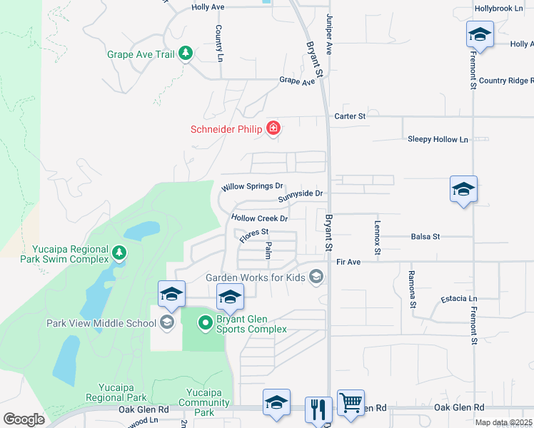 map of restaurants, bars, coffee shops, grocery stores, and more near 35134 Hollow Creek Drive in Yucaipa