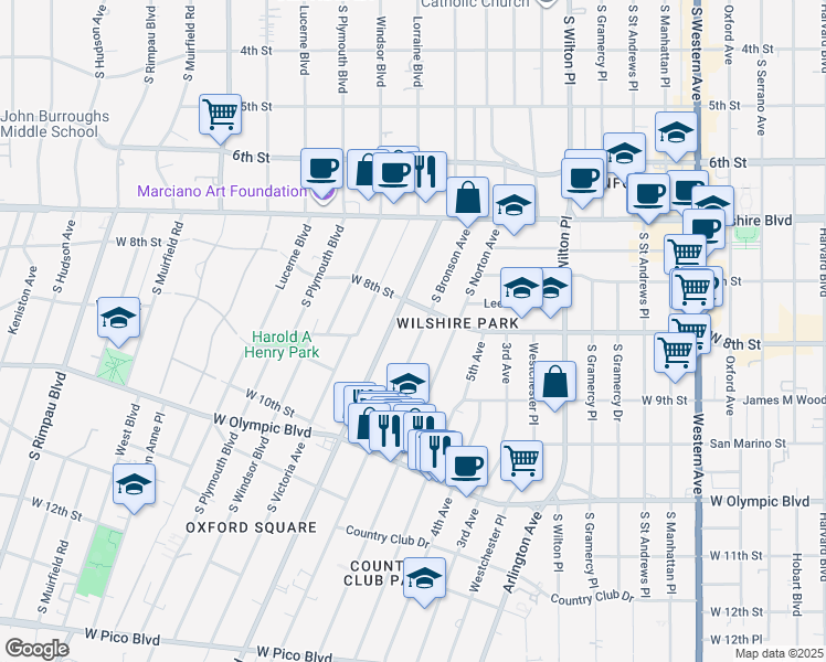 map of restaurants, bars, coffee shops, grocery stores, and more near 840 South Bronson Avenue in Los Angeles