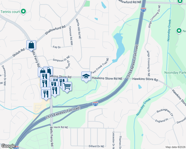 map of restaurants, bars, coffee shops, grocery stores, and more near 20 Twin Creek Trail Northeast in Kennesaw