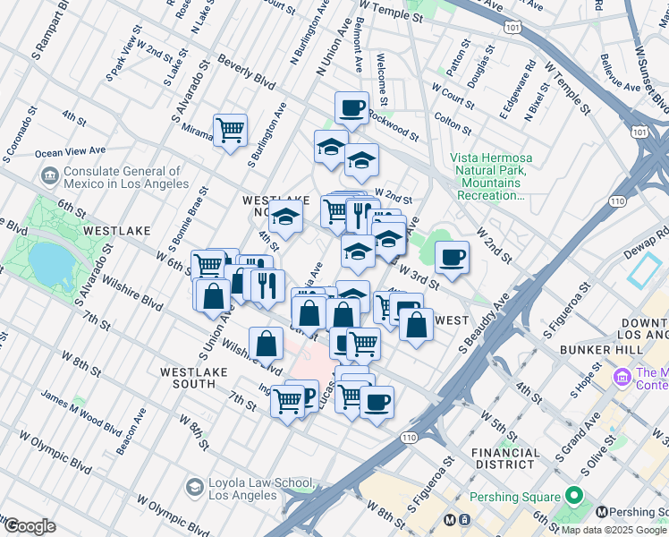 map of restaurants, bars, coffee shops, grocery stores, and more near 417 Witmer Street in Los Angeles