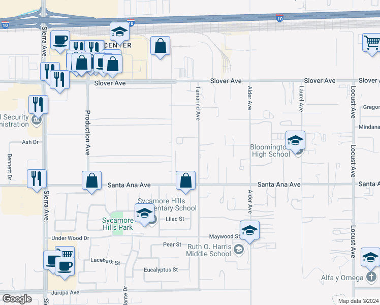 map of restaurants, bars, coffee shops, grocery stores, and more near 10760 Tamarind Avenue in Bloomington