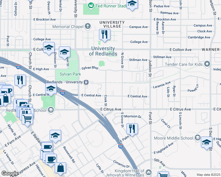 map of restaurants, bars, coffee shops, grocery stores, and more near 1207 East Central Avenue in Redlands
