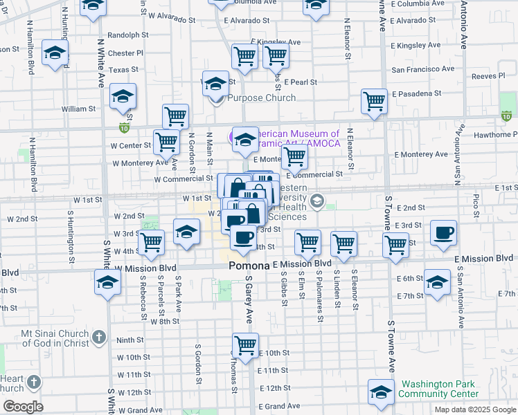 map of restaurants, bars, coffee shops, grocery stores, and more near 115 East 3rd Street in Pomona