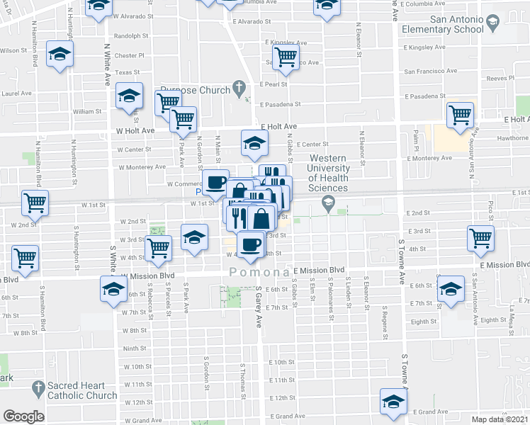 map of restaurants, bars, coffee shops, grocery stores, and more near 115 East 3rd Street in Pomona