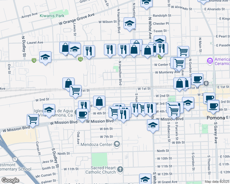map of restaurants, bars, coffee shops, grocery stores, and more near 1112 West 2nd Street in Pomona