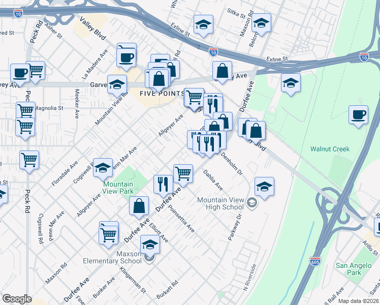 map of restaurants, bars, coffee shops, grocery stores, and more near 2884 Maxson Road in El Monte