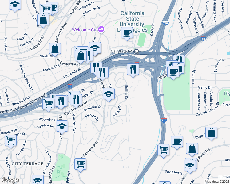 map of restaurants, bars, coffee shops, grocery stores, and more near 4361 City Terrace Drive in Los Angeles