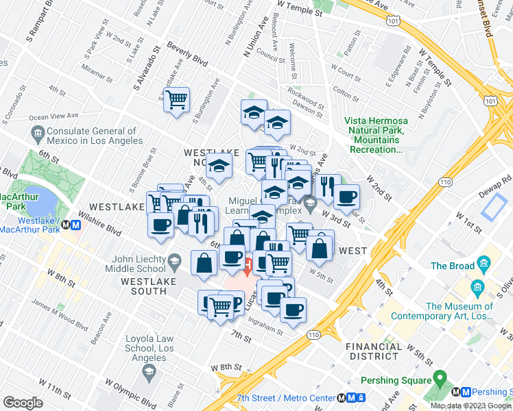 map of restaurants, bars, coffee shops, grocery stores, and more near 417 Witmer Street in Los Angeles