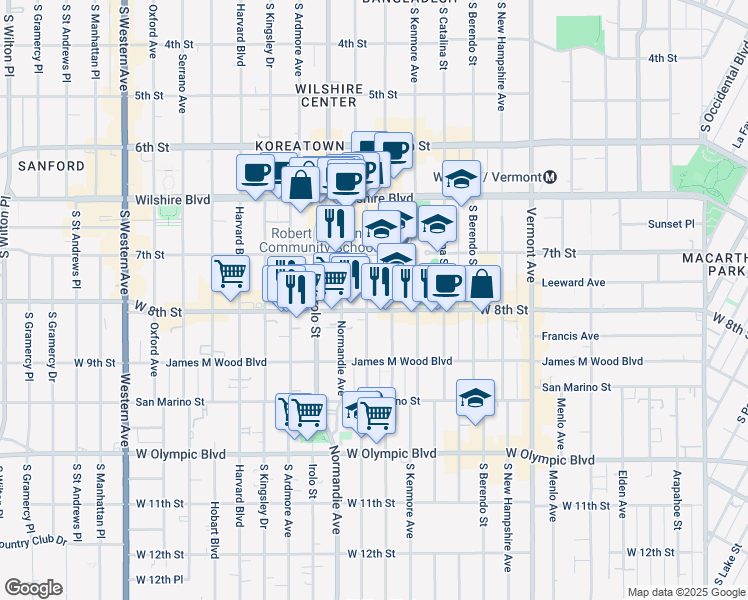 map of restaurants, bars, coffee shops, grocery stores, and more near 3242 West 8th Street in Los Angeles