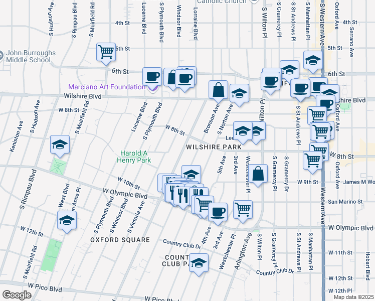 map of restaurants, bars, coffee shops, grocery stores, and more near 840 South Bronson Avenue in Los Angeles