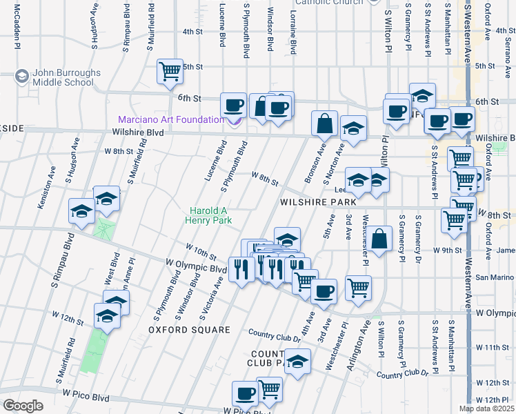 map of restaurants, bars, coffee shops, grocery stores, and more near 856 Crenshaw Boulevard in Los Angeles
