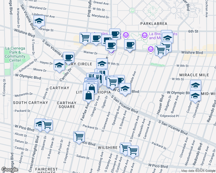 map of restaurants, bars, coffee shops, grocery stores, and more near 5970 West Olympic Boulevard in Los Angeles