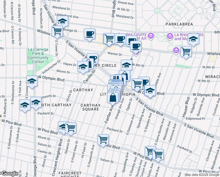 map of restaurants, bars, coffee shops, grocery stores, and more near 1024 South Hayworth Avenue in Los Angeles