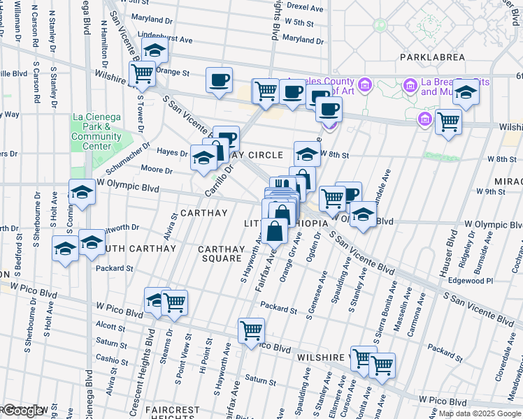 map of restaurants, bars, coffee shops, grocery stores, and more near 1024 South Hayworth Avenue in Los Angeles