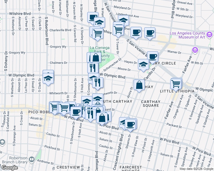 map of restaurants, bars, coffee shops, grocery stores, and more near 1059 South Orlando Avenue in Los Angeles