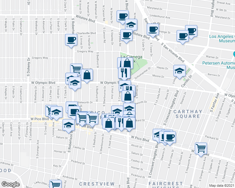 map of restaurants, bars, coffee shops, grocery stores, and more near 1060 South Corning Street in Los Angeles