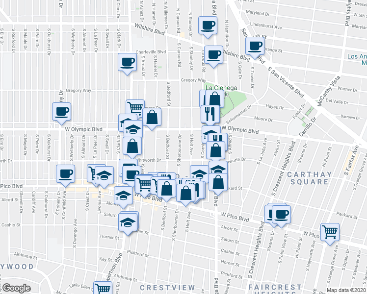 map of restaurants, bars, coffee shops, grocery stores, and more near 1059 South Holt Avenue in Los Angeles