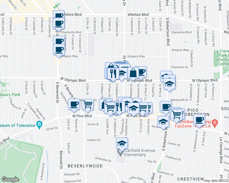 map of restaurants, bars, coffee shops, grocery stores, and more near 454 South Oakhurst Drive in Beverly Hills