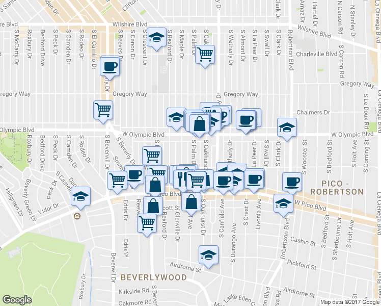 map of restaurants, bars, coffee shops, grocery stores, and more near 461 1/2 South Palm Drive in Beverly Hills