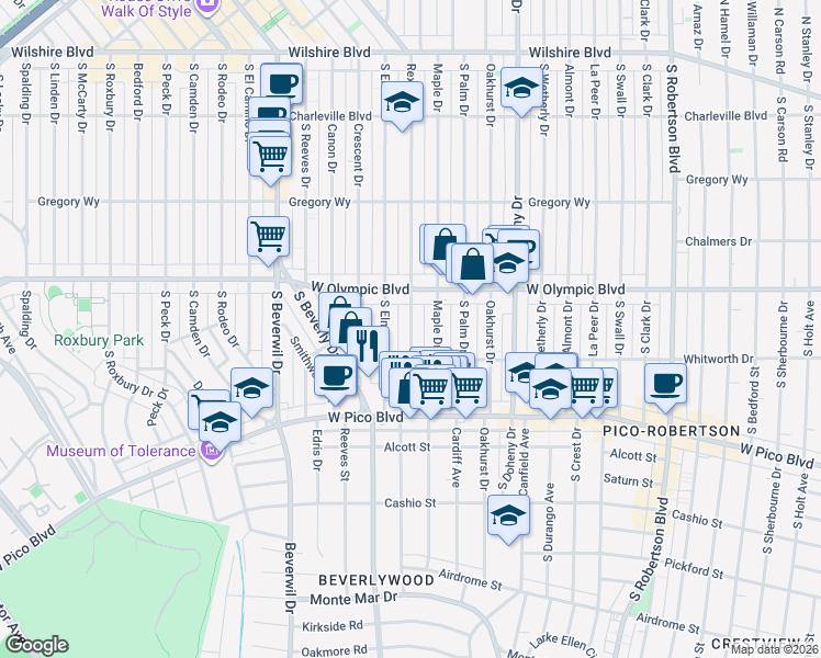 map of restaurants, bars, coffee shops, grocery stores, and more near 454 South Rexford Drive in Beverly Hills