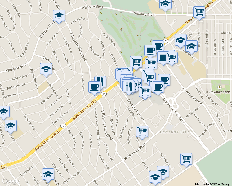 map of restaurants, bars, coffee shops, grocery stores, and more near 10335 Missouri Avenue in Los Angeles