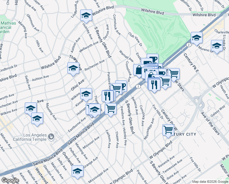 map of restaurants, bars, coffee shops, grocery stores, and more near 10417 California 2 in Los Angeles