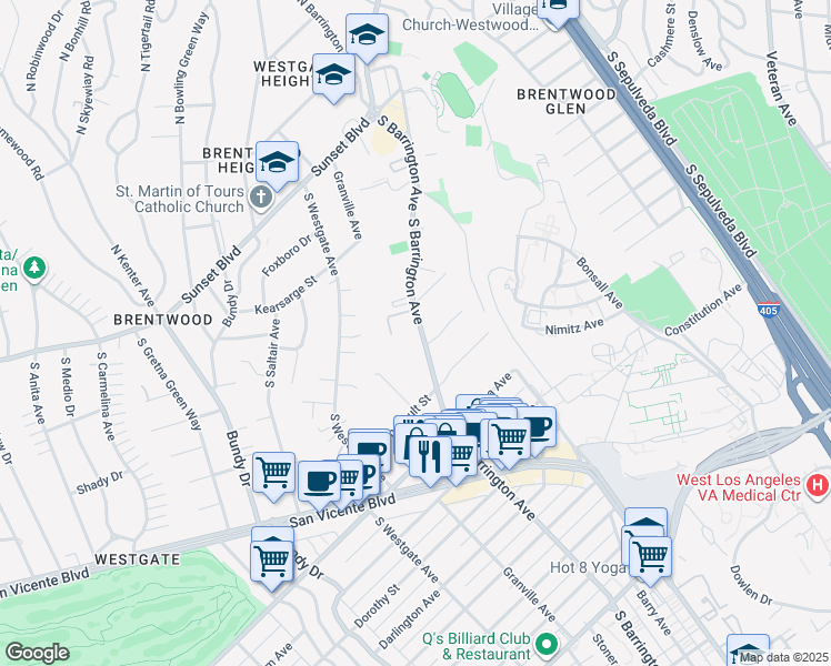 map of restaurants, bars, coffee shops, grocery stores, and more near 605 South Barrington Avenue in Los Angeles