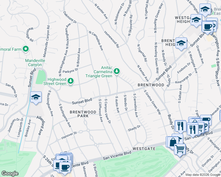 map of restaurants, bars, coffee shops, grocery stores, and more near 12611 Sunset Boulevard in Los Angeles