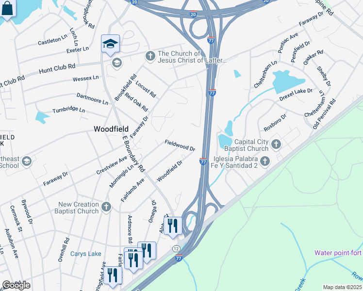 map of restaurants, bars, coffee shops, grocery stores, and more near 2142 Fairlamb Avenue in Columbia