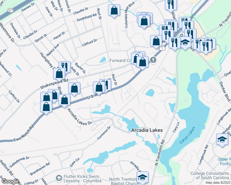 map of restaurants, bars, coffee shops, grocery stores, and more near 1530 Leaside Drive in Columbia