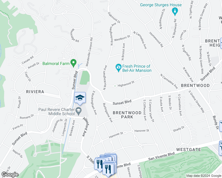 map of restaurants, bars, coffee shops, grocery stores, and more near 12846 Highwood Street in Los Angeles