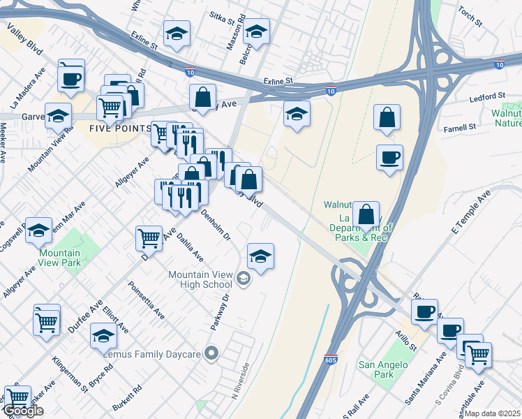 map of restaurants, bars, coffee shops, grocery stores, and more near 12432 Valley Boulevard in El Monte