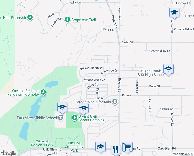 map of restaurants, bars, coffee shops, grocery stores, and more near 35134 Hollow Creek Drive in Yucaipa
