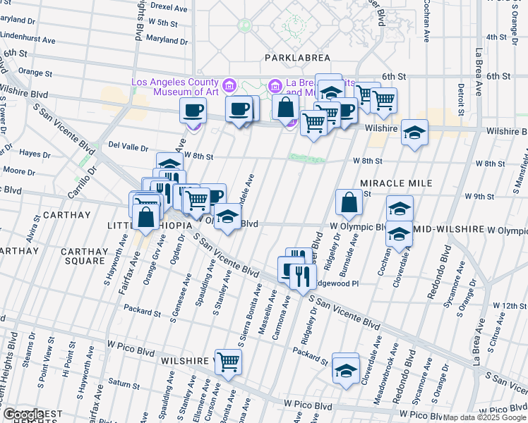 map of restaurants, bars, coffee shops, grocery stores, and more near 933 South Curson Avenue in Los Angeles