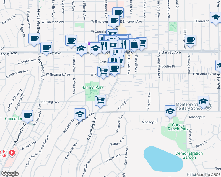 map of restaurants, bars, coffee shops, grocery stores, and more near 401 South Garfield Avenue in Monterey Park