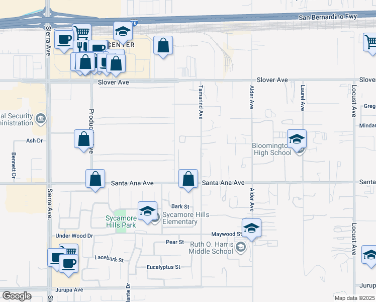 map of restaurants, bars, coffee shops, grocery stores, and more near 10760 Tamarind Avenue in Bloomington