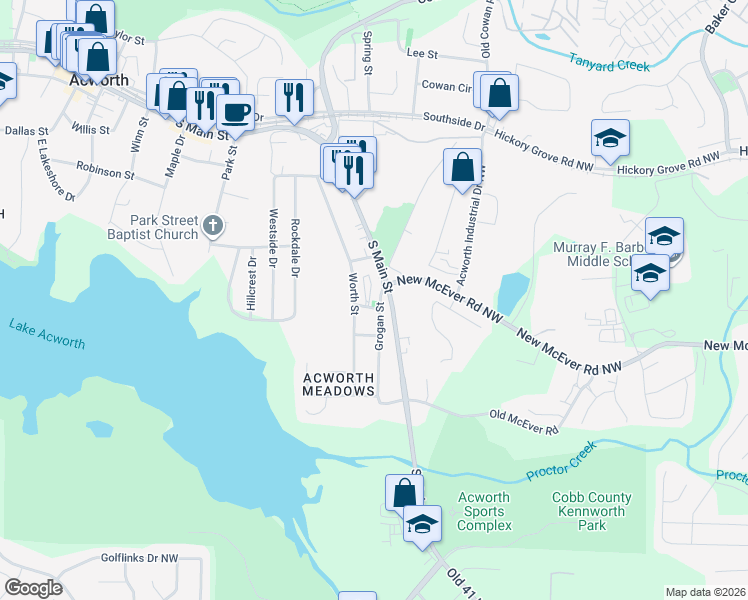 map of restaurants, bars, coffee shops, grocery stores, and more near 4251 Grogan Street in Acworth