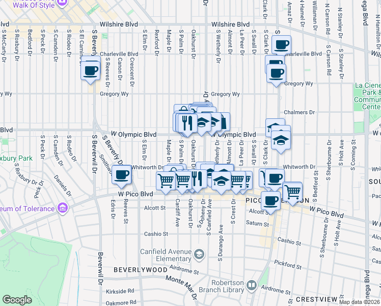 map of restaurants, bars, coffee shops, grocery stores, and more near 454 South Oakhurst Drive in Beverly Hills
